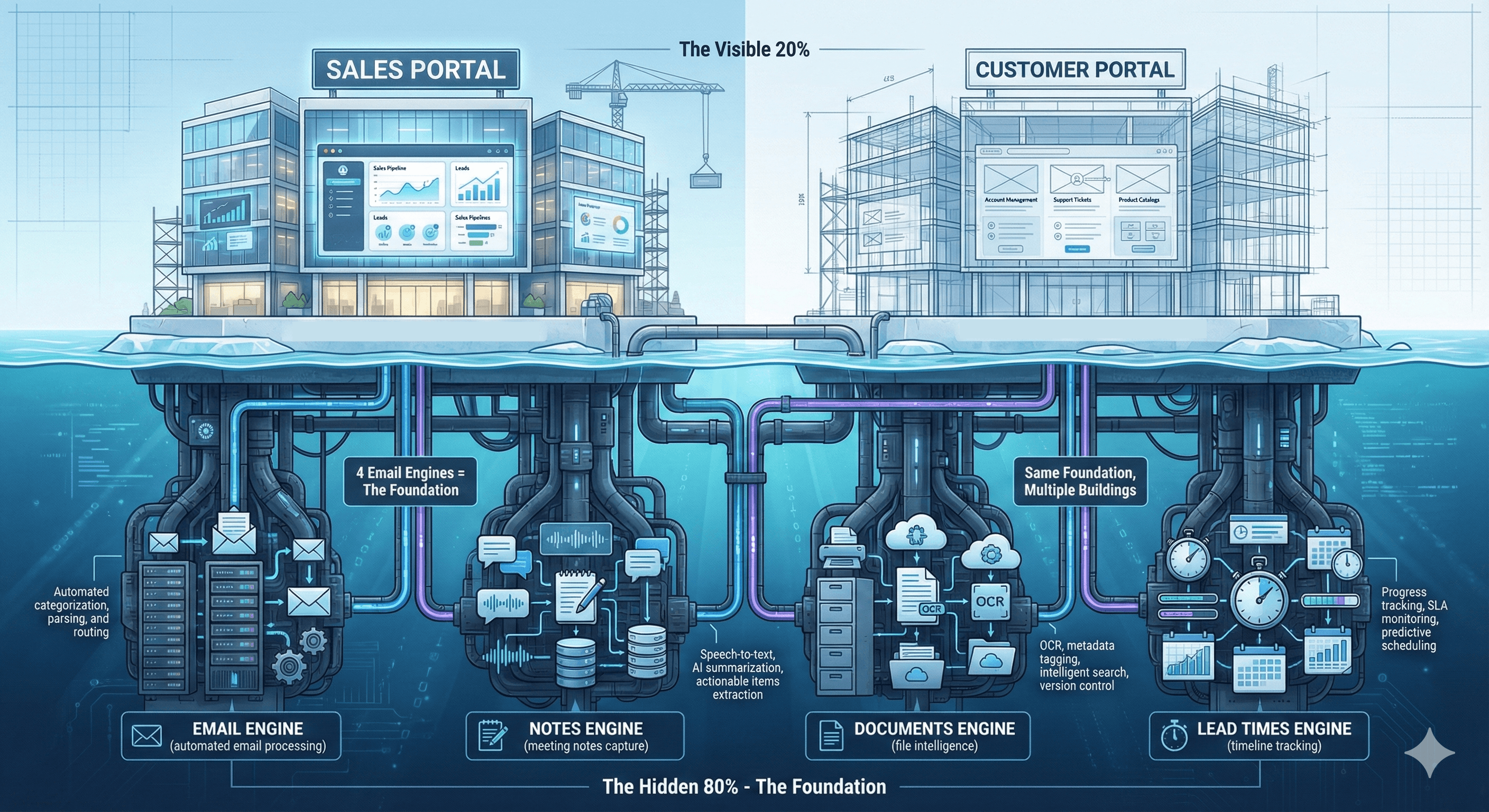 Atlas Intelligence Architecture - The Visible 20% (Sales Portal & Customer Portal) built on The Hidden 80% (4 Engines: Email, Notes, Documents, Lead Times)