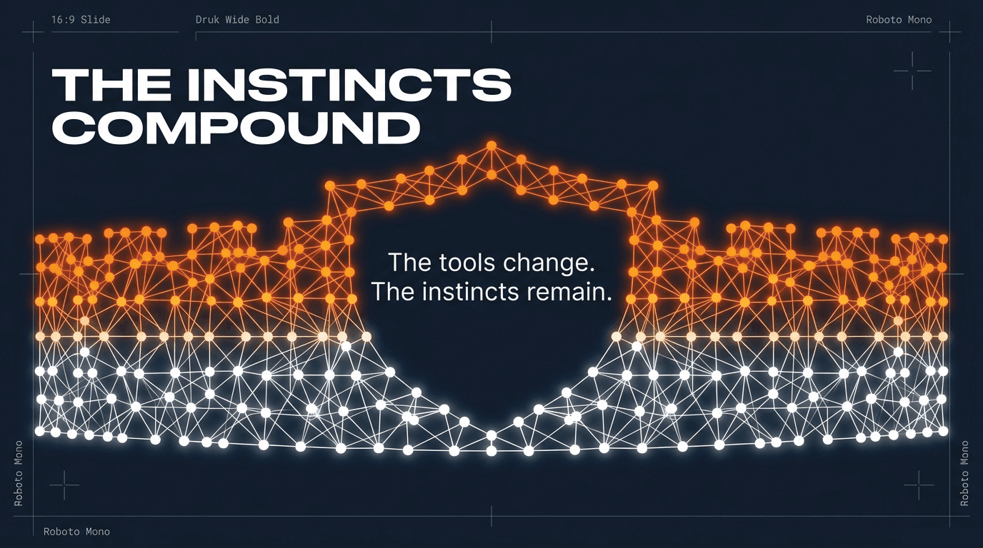 The Instincts Compound — the tools change, but the instincts for what to build and when to build it are the moat.