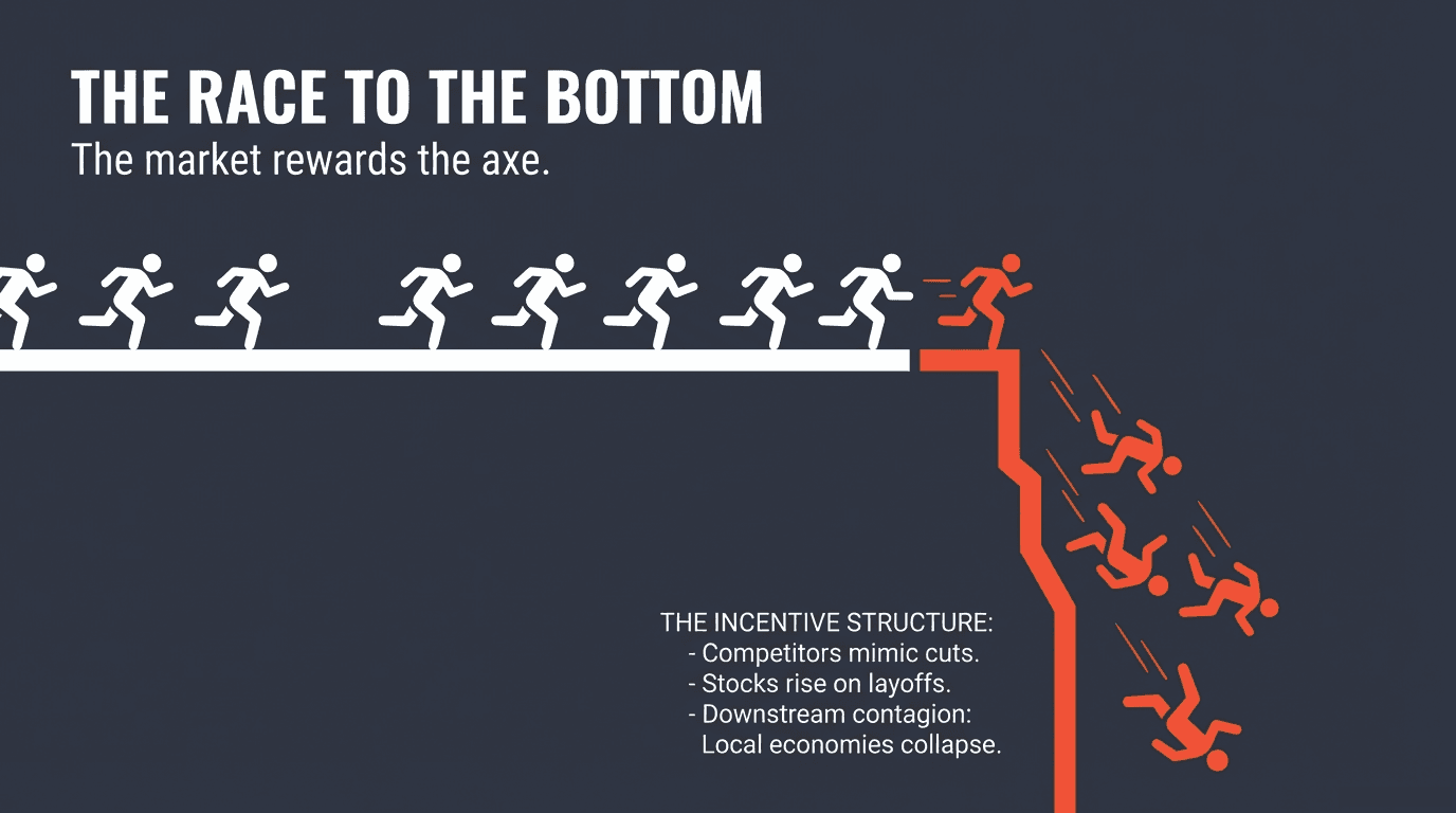 The race to the bottom — the market rewards the axe, competitors mimic cuts, local economies collapse.