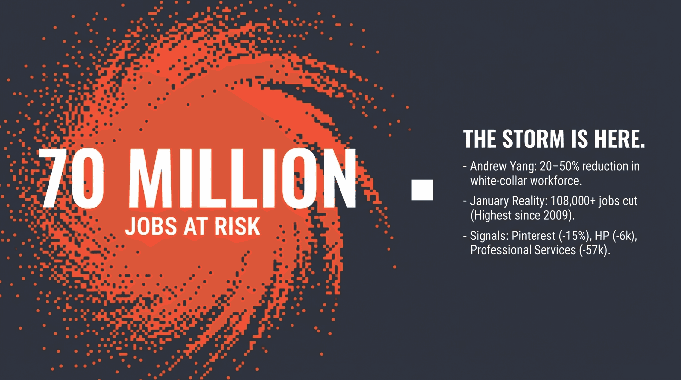 The storm is here — 70 million jobs at risk, 108,000+ cuts in January, 20-50% projected reduction.