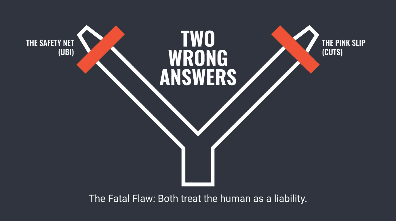 Two wrong answers — the safety net and the pink slip both treat the human as a liability.